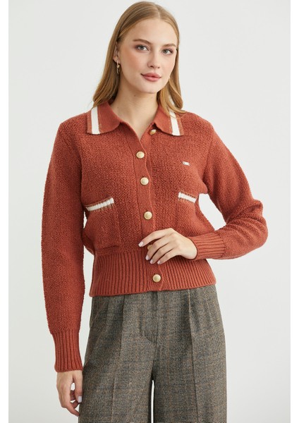 Polo Yaka Düğmeli Triko Hırka - Taba