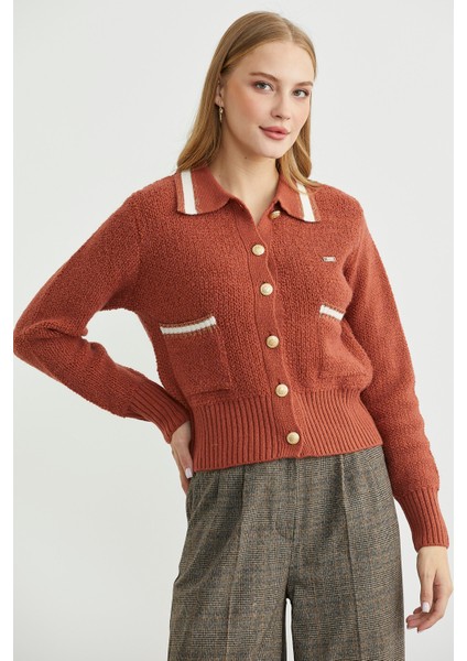 Polo Yaka Düğmeli Triko Hırka - Taba modelleri