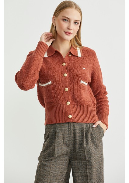 Polo Yaka Düğmeli Triko Hırka - Taba indirimleri