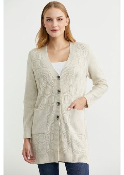 Cepli Uzun Yünlü Triko Hırka - Taş