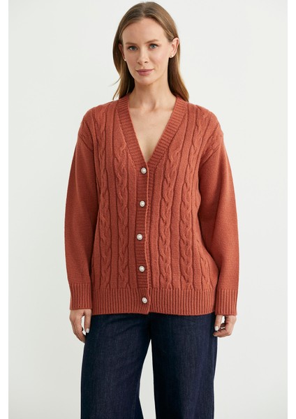 Inci Düğme Detaylı Triko Hırka - Taba