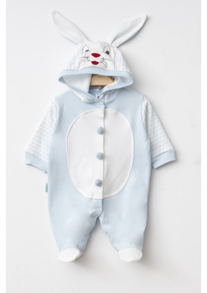 Tavşan Kostüm Önden Açık Kapşonlu Bebek Tulumu Romper %100 Pamuk ( Arkası Ponponlu )
