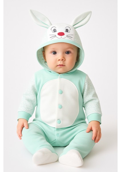 Tavşan Kostüm Önden Açık Kapşonlu Bebek Tulumu Romper %100 Pamuk ( Arkası Ponponlu ) indirimleri