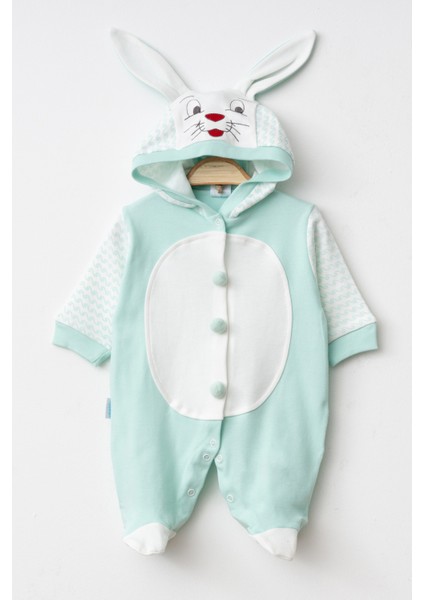 Tavşan Kostüm Önden Açık Kapşonlu Bebek Tulumu Romper %100 Pamuk ( Arkası Ponponlu )