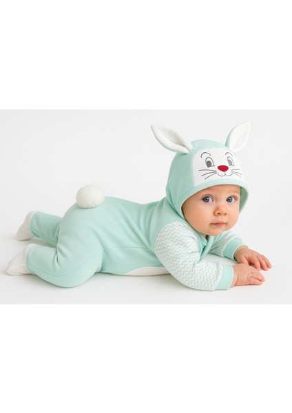 Tavşan Kostüm Önden Açık Kapşonlu Bebek Tulumu Romper %100 Pamuk ( Arkası Ponponlu ) fırsatları