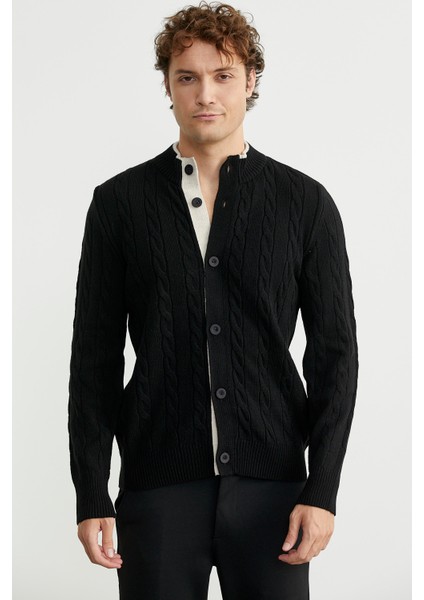 Düğmeli Saç Örgü Triko Hırka - Siyah