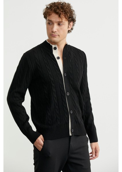 Düğmeli Saç Örgü Triko Hırka - Siyah modelleri