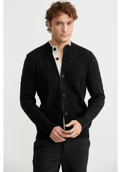 Düğmeli Saç Örgü Triko Hırka - Siyah fırsatları