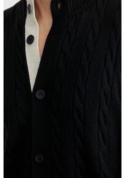 Düğmeli Saç Örgü Triko Hırka - Siyah indirimleri