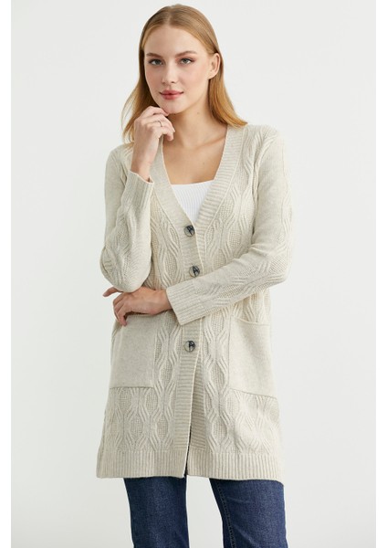 Cepli Uzun Yünlü Triko Hırka - Taş modelleri