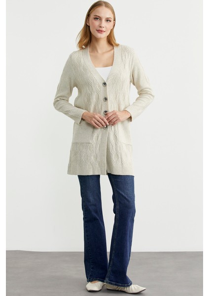 Cepli Uzun Yünlü Triko Hırka - Taş fırsatları