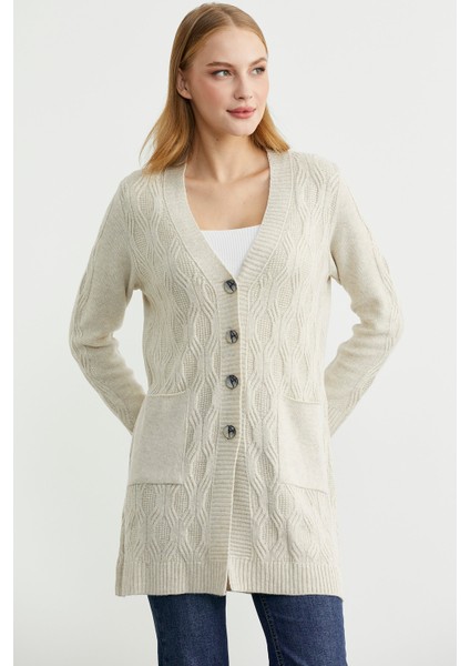 Cepli Uzun Yünlü Triko Hırka - Taş indirimleri