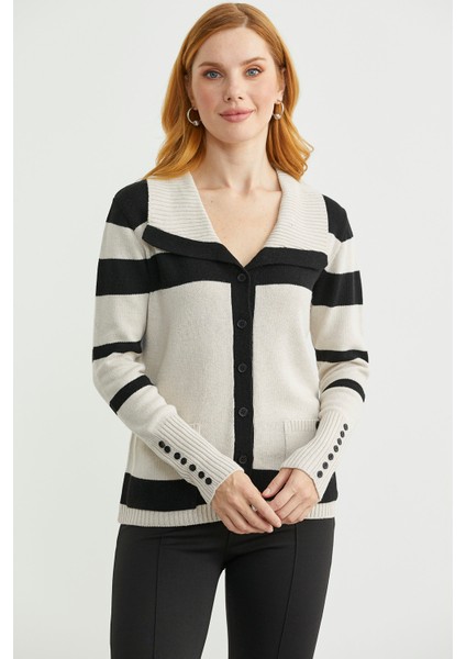 Şal Yaka Düğmeli Yün Triko Hırka - Taş