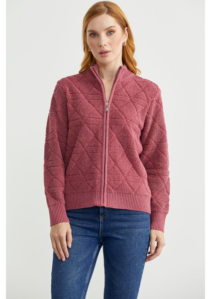 Geometrik Motifli Fermuarlı Yünlü Triko Hırka - Gül fiyatları