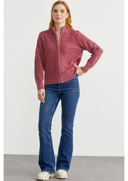 Geometrik Motifli Fermuarlı Yünlü Triko Hırka - Gül modelleri