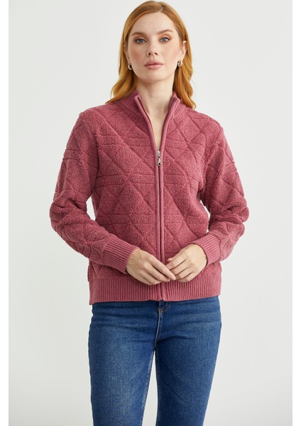 Geometrik Motifli Fermuarlı Yünlü Triko Hırka - Gül fırsatları