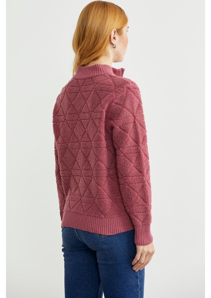 Geometrik Motifli Fermuarlı Yünlü Triko Hırka - Gül indirimleri
