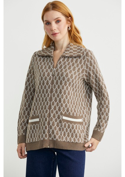 Çift Renk Kalın Yünlü Triko Hırka - Sütlü Kahve