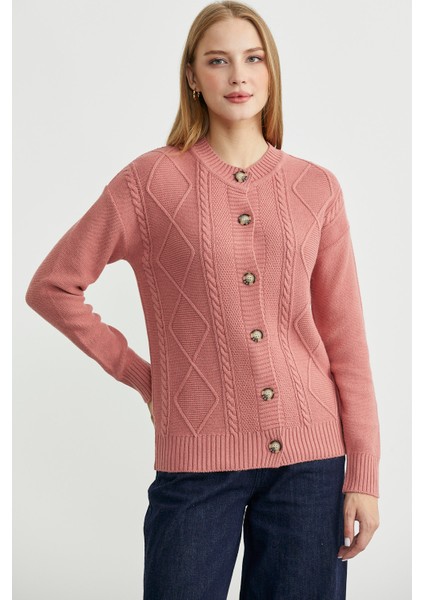 Düğmeli Oversize Angora Triko Hırka - Gül