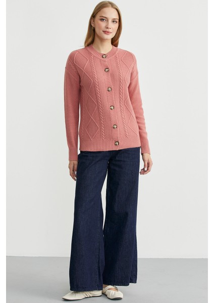 Düğmeli Oversize Angora Triko Hırka - Gül fiyatları