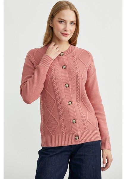 Düğmeli Oversize Angora Triko Hırka - Gül modelleri