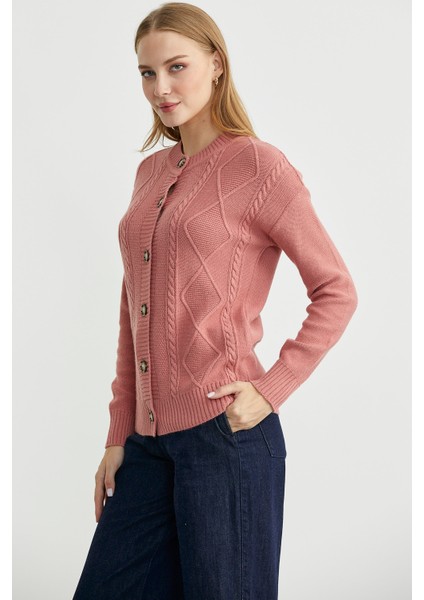 Düğmeli Oversize Angora Triko Hırka - Gül indirimleri