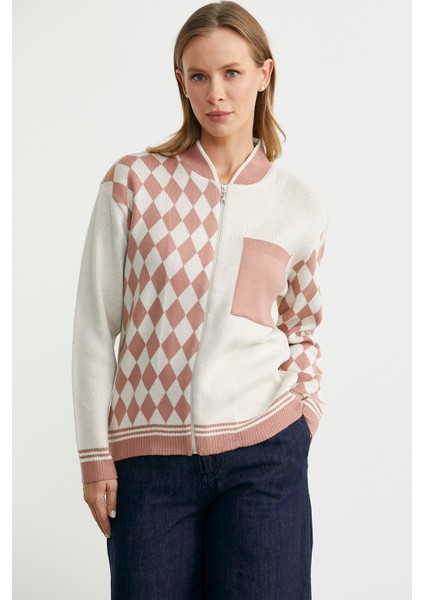 Fermuarlı Baklava Motifli Triko Hırka - Gül