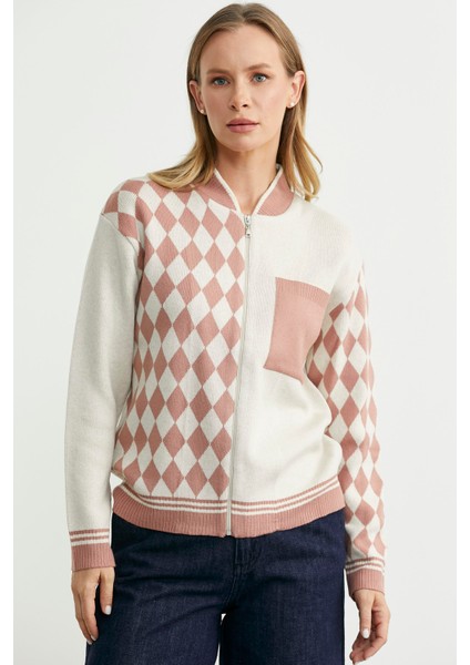 Fermuarlı Baklava Motifli Triko Hırka - Gül modelleri