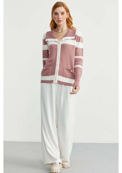 Şal Yaka Düğmeli Yün Triko Hırka - Gül fiyatları