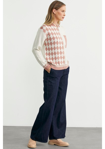 Fermuarlı Baklava Motifli Triko Hırka - Gül indirimleri