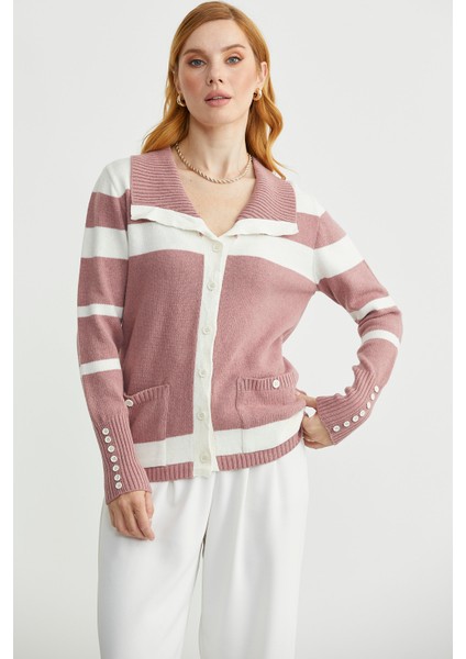 Şal Yaka Düğmeli Yün Triko Hırka - Gül modelleri