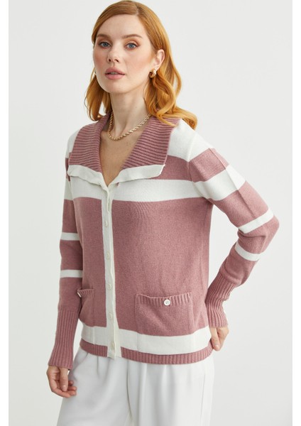 Şal Yaka Düğmeli Yün Triko Hırka - Gül fırsatları