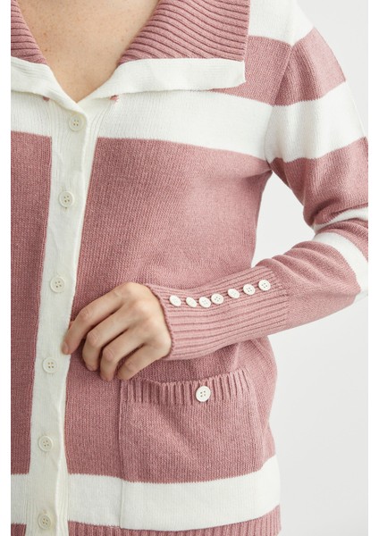 Şal Yaka Düğmeli Yün Triko Hırka - Gül indirimleri