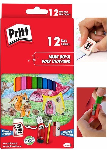 Mum Boya 12 Renk 1 Paket Karton Kutulu Pritt 12 Li Mum Boya Kalemi Silinebilir Zararsız Yıkanabilir