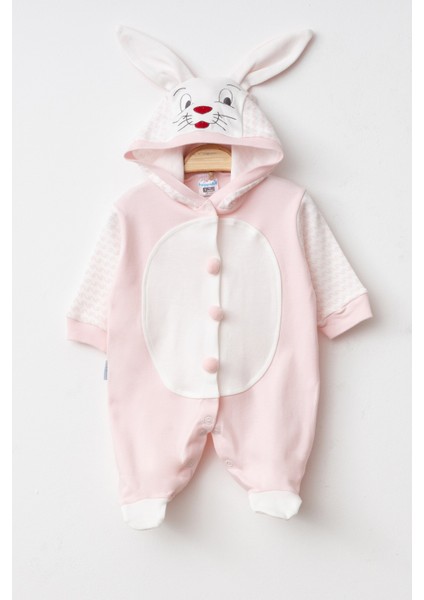 Tavşan Kostüm Önden Açık Kapşonlu Bebek Tulumu Romper %100 Pamuk ( Arkası Ponponlu )