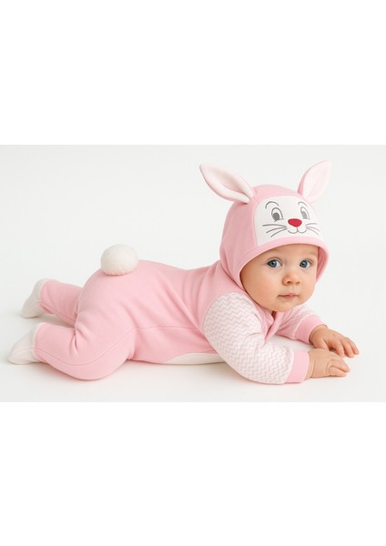 Tavşan Kostüm Önden Açık Kapşonlu Bebek Tulumu Romper %100 Pamuk ( Arkası Ponponlu ) modelleri