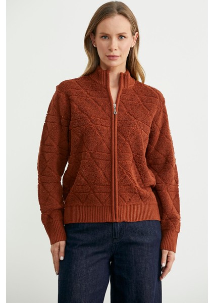 Geometrik Motifli Fermuarlı Yünlü Triko Hırka - Kiremit