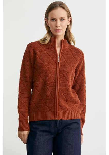 Geometrik Motifli Fermuarlı Yünlü Triko Hırka - Kiremit fiyatları