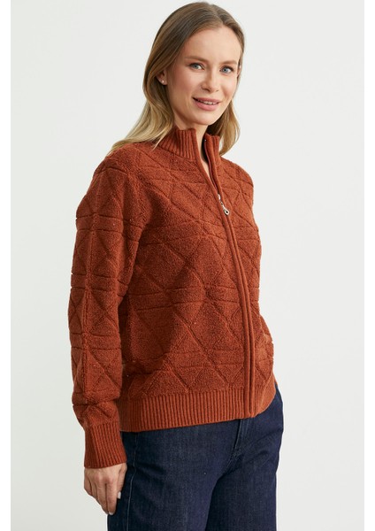 Geometrik Motifli Fermuarlı Yünlü Triko Hırka - Kiremit modelleri