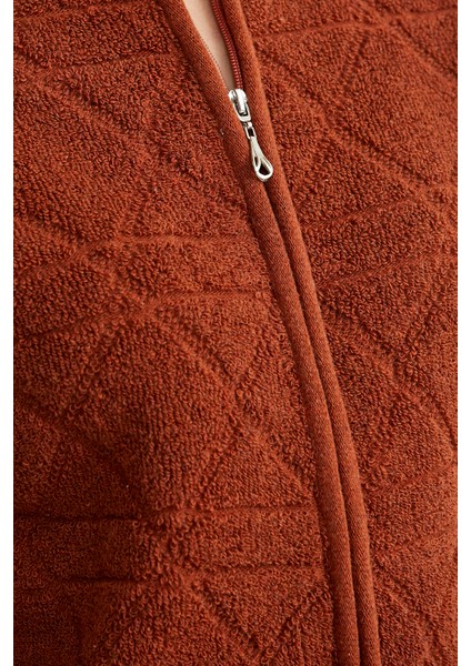 Geometrik Motifli Fermuarlı Yünlü Triko Hırka - Kiremit fırsatları