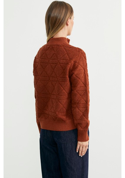 Geometrik Motifli Fermuarlı Yünlü Triko Hırka - Kiremit indirimleri