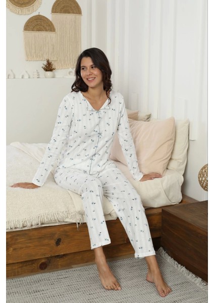 Kadın Ribana Kumaş Beyaz Desenli Pijama Takımı - 9600 fiyatları