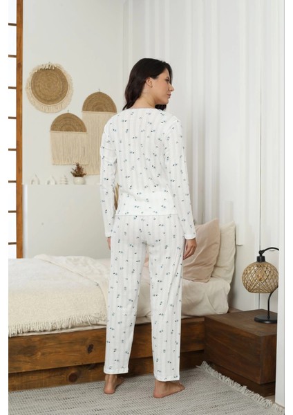 Kadın Ribana Kumaş Beyaz Desenli Pijama Takımı - 9600 modelleri