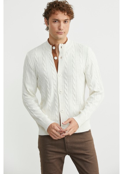 Düğmeli Saç Örgü Triko Hırka - Kemik modelleri