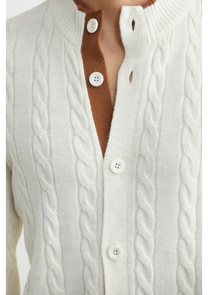 Düğmeli Saç Örgü Triko Hırka - Kemik fırsatları