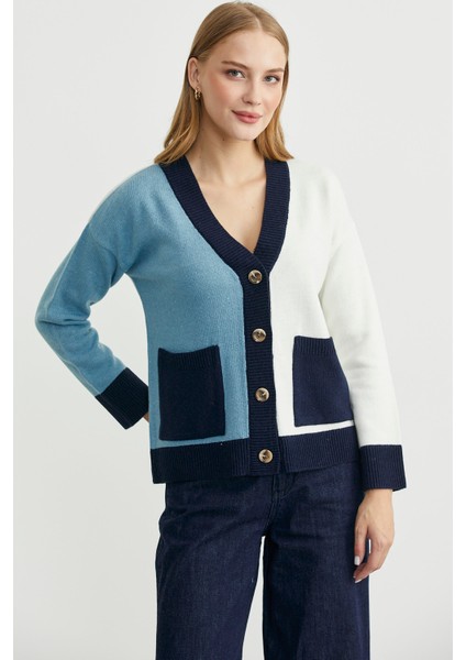 Renk Geçişli Oversize Yünlü Triko Hırka - Kemik