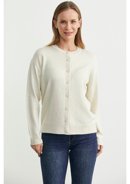 Düğme Detaylı Sıfır Yaka Triko Hırka - Taş