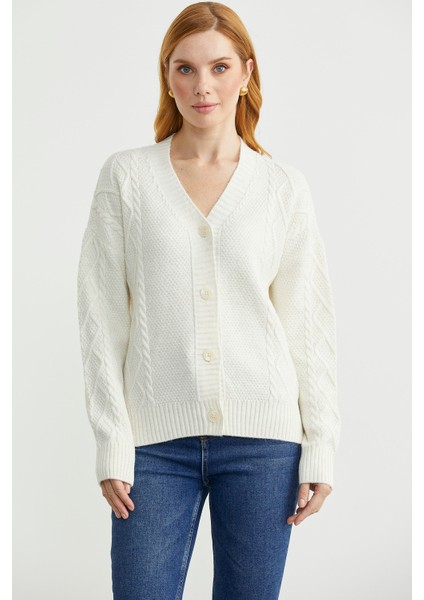 Oversize Düğmeli Triko Hırka - Kemik