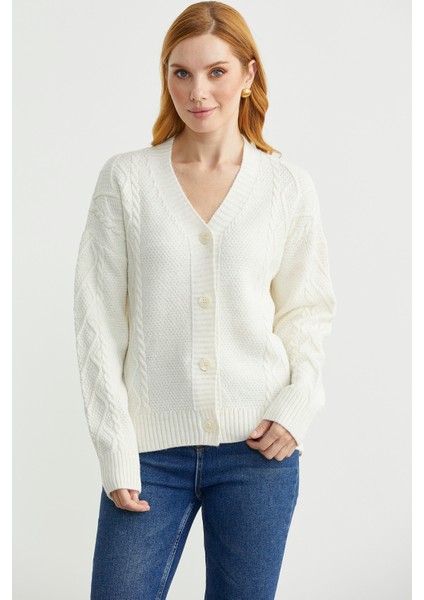 Oversize Düğmeli Triko Hırka - Kemik fiyatları