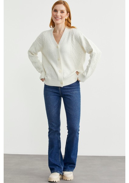 Oversize Düğmeli Triko Hırka - Kemik modelleri